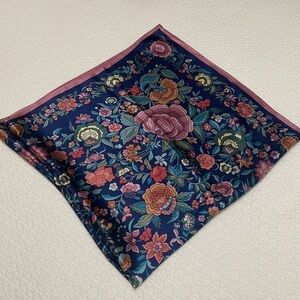 Floral Navy Silk-Feel Square Scarf with Pink Border